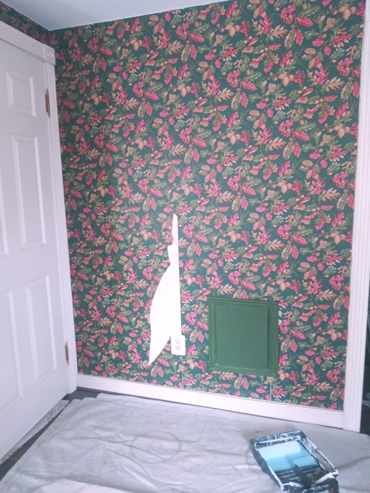The smallest wall I attempted first for wallpaper removal at Farm Charm