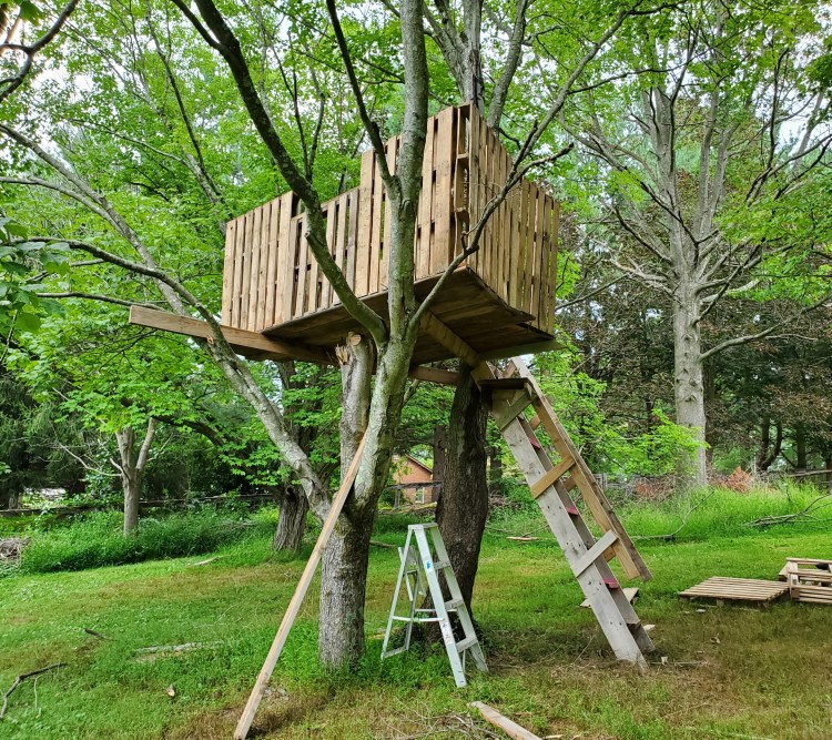 Tree house with walls made of pallets