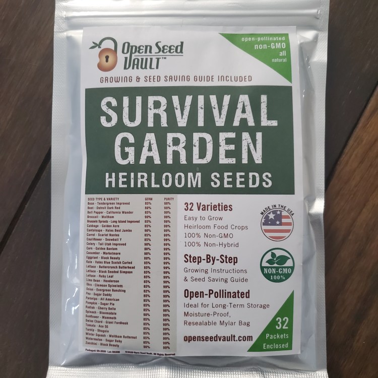 Zip lock envelope in opaque silver with 32 varieties of heirloom seeds