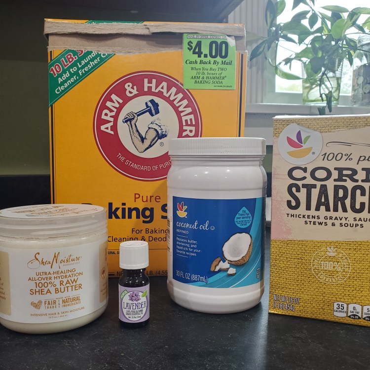 shea butter, baking soda, corn starch, coconut oil